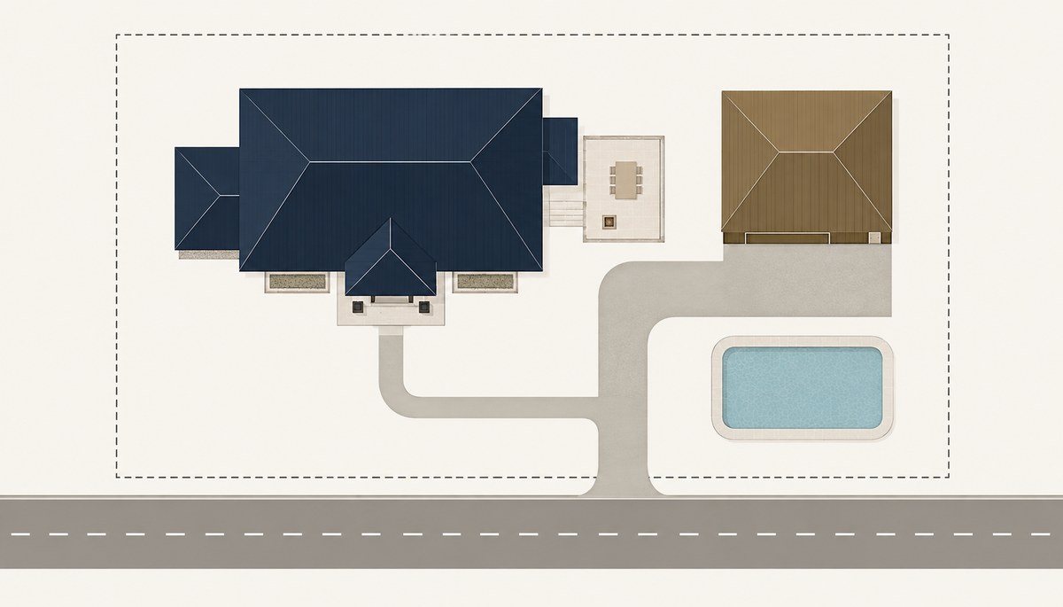 Illustrated top-down site plan showing house, barn, pool, patio, driveway and road frontage placement